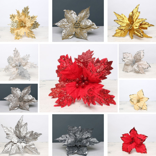 S/M/L poinsettia glitter flower Christmas tree decoration UK