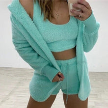 Load image into Gallery viewer, velvet-pajamas-set-tops-shorts-cardigan-nightwear-set-for-women-velvet-pajamas-set-tops-shorts-cardigan-pyjamas-set-for-her-womens-pyjama-sets-women-knitted-3-pieces-set-casual-coral-velvet-pajamas-set-sexy-cardigan-crop-tops-shorts-suit