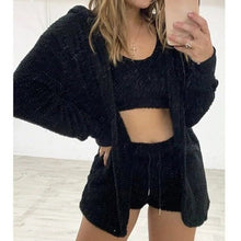 Load image into Gallery viewer, velvet-pajamas-set-tops-shorts-cardigan-nightwear-set-for-women-velvet-pajamas-set-tops-shorts-cardigan-pyjamas-set-for-her-womens-pyjama-sets-women-knitted-3-pieces-set-casual-coral-velvet-pajamas-set-sexy-cardigan-crop-tops-shorts-suit