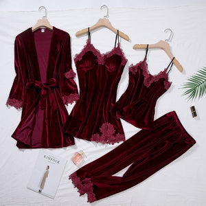Velvet 4 Pieces Robe & Pajamas Set-Long Velvet Robe Gift Set-Super Gift Online