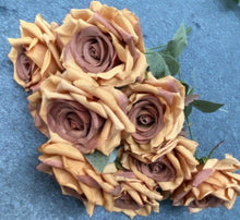 Load image into Gallery viewer, A bouquet of artificial diamond silk roses with 9 heads, featuring a mix of brown and green colors.