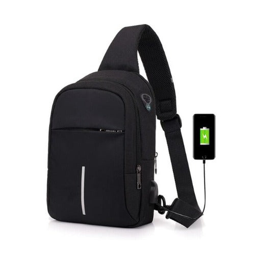 One strap men’s travel sling bag with USB charging feature