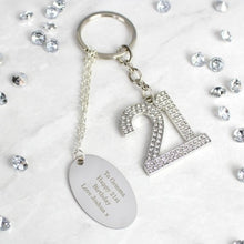 Load image into Gallery viewer, personalised-free-text-diamante-21-keyring-engraved-personalized-keyring-21-st-birthday-gifts