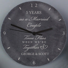 Load image into Gallery viewer, personalised-anniversary-slate-clock-engagement-wedding-gifts-couple-gifts-for-anniversary-anniversary-surprise-gift-anniversary-gift-gift-ideas-for-married-couples-couple-gifts