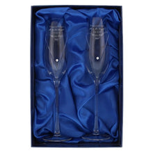 Load image into Gallery viewer, engraved crystal champagne flutes-engraved champagne flutes-swarovski champagne flutes-champagne flute gift-swarovski champagne flutes uk-personalised wine glass swarovski-personalised swarovski heart flutes-heart pair of flutes with gift box