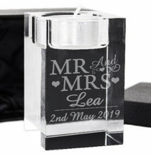 Load image into Gallery viewer, personalised-mr-mrs-glass-tea-light-candle-holder-glass-tea-light-candle-holder-personalised-gifts-congratulations-gifts-mr-mrs-gift-wedding-anniversary-new-home-tea-light-holder-glass-candle-glass-holder