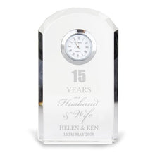 Load image into Gallery viewer, personalised-anniversary-crystal-clock-engraved-crystal-clock-gift-engraved-crystal-clock-gift-1st-wedding-anniversary-5-10-20-25-30-wedding-anniversary-as-retirement-birthday-fathers-day-just-married-wedding-mothers-day