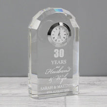 Load image into Gallery viewer, personalised-anniversary-crystal-clock-engraved-crystal-clock-gift-engraved-crystal-clock-gift-1st-wedding-anniversary-5-10-20-25-30-wedding-anniversary-as-retirement-birthday-fathers-day-just-married-wedding-mothers-day