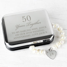 Load image into Gallery viewer, Custom engraved silver jewelry box with pearl bracelet for her