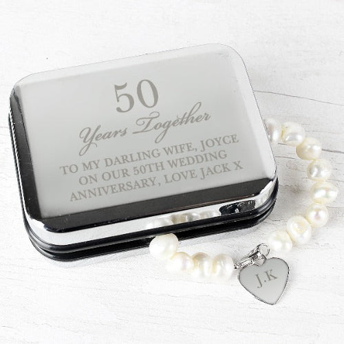 Custom engraved silver jewelry box with pearl bracelet for her