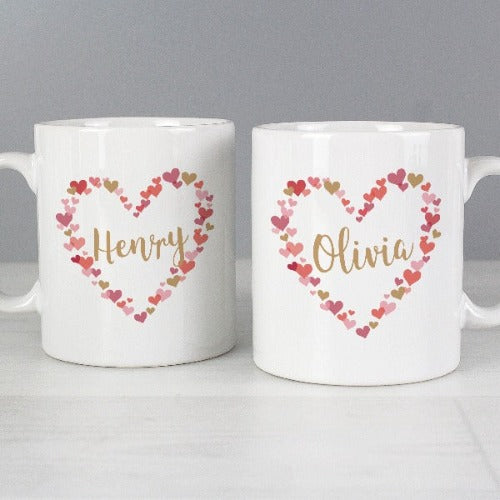 Personalised confetti hearts wedding mug set for newlywed couples.