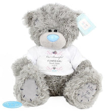 Load image into Gallery viewer, Custom flower girl teddy bear with hearts and name on T-shirt