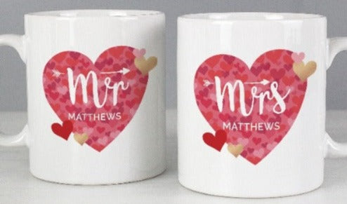Personalised Mr and Mrs Valentine's Day Confetti Hearts Mug Gift Set-Mr and Mrs mugs set