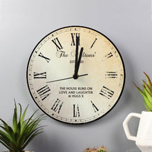 Load image into Gallery viewer,  Personalised rustic message glass wall clock – unique home gift idea
