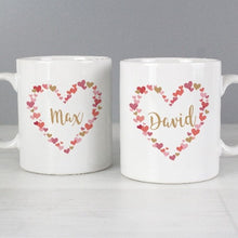 Load image into Gallery viewer, Romantic personalised mugs for bride and groom featuring confetti hearts.
