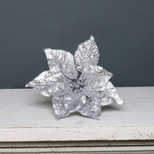 Load image into Gallery viewer, Silver poinsettia glitter flower Christmas tree decoration