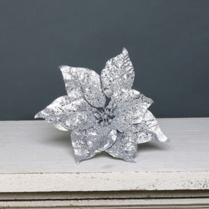 Silver poinsettia glitter flower Christmas tree decoration