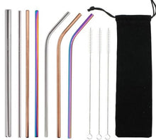 Load image into Gallery viewer, A set of colorful reusable stainless steel straws with a cleaning brush set
