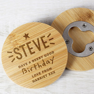 Star engraved bamboo coaster opener for birthdays and Father’s Day