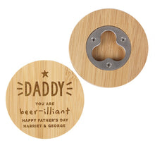 Load image into Gallery viewer, Unique bamboo coaster with star engraving and opener