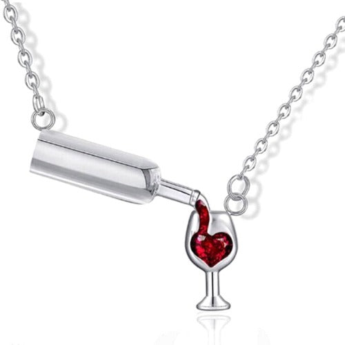 Silver wine-themed pendant necklace with a red heart accent, styled as a cute gift for women who love wine.