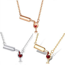 Load image into Gallery viewer, Fun and elegant wine-themed necklace featuring a wine bottle and glass with a red heart, perfect for gifting.