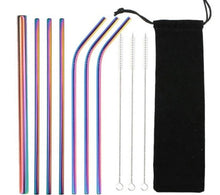 Load image into Gallery viewer, A set of colorful reusable stainless steel straws with a cleaning brush