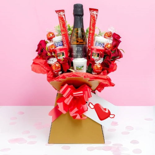 the chocolate bouquet company-lindor chocolate bouquet uk-ferrero rocher and lindt bouquet-flowers and lindt chocolate delivery-roses and lindt chocolate-Yankee Candle, Prosecco, Lindor Chocolate, Red Roses Bouquet Gift 