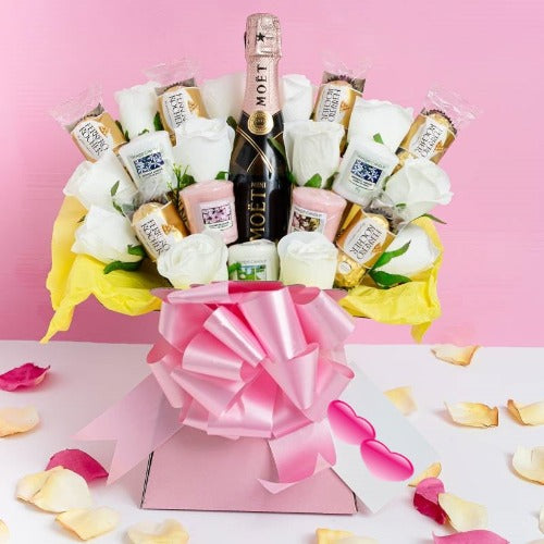 Pink Champagne, Ferrero Rocher, Yankee Candles & Roses Bouquet Gift-the chocolate bouquet company-lindor chocolate bouquet uk-ferrero rocher and lindt bouquet-flowers and lindt chocolate delivery-roses and lindt chocolate-lindor chocolate tesco