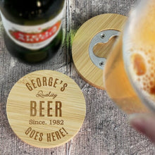 Load image into Gallery viewer, engraved bamboo coaster with built in opener