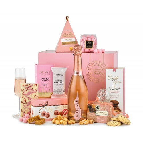 rose prosecco, alcohol hamper, family hamper basket, Christmas hamper gift, pink treats, gift for mum, gift for her