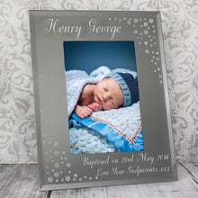 Load image into Gallery viewer, glass photo frame with diamante accents and custom text. A perfect personalised gift for birthdays and anniversaries.