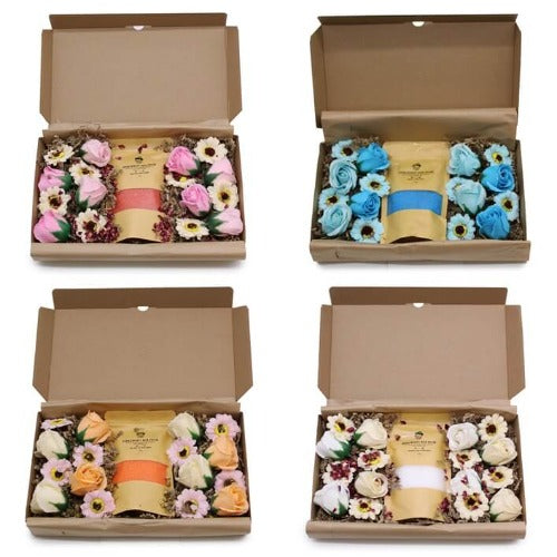 Relaxing soak spa box with bath salts and floral soaps