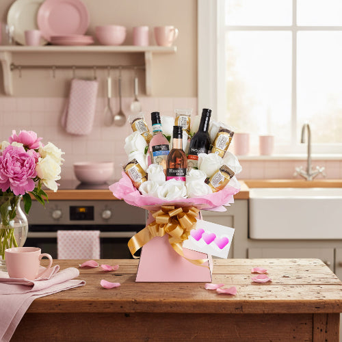 Mixed Wine and Ferrero Rocher bouquet with elegant silk white roses gift set