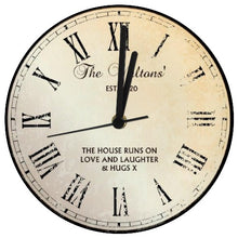 Load image into Gallery viewer, Custom rustic glass clock for kitchen, living room, or farmhouse style