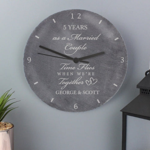 Custom engraved wedding gift slate clock for newlyweds