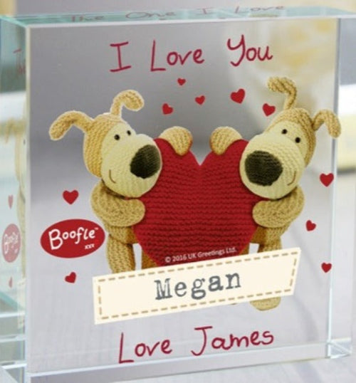 Custom Boofle heart-shaped crystal keepsake for anniversaries