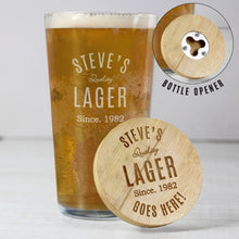 Load image into Gallery viewer, custom text pint glass and bamboo coaster