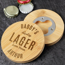 Load image into Gallery viewer, Custom engraved bamboo bottle opener coaster gift idea