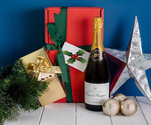 Custom gift box with champagne bottle and premium Belgian chocolates