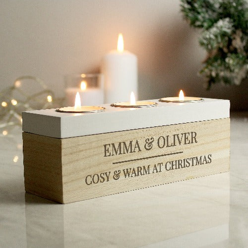 Engraved tea light holder box with three candles for relaxat