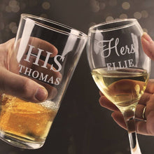 Load image into Gallery viewer, personalised his and her gifts-personalised wine glass-square wine glasses-large red wine glasses-stemless wine glasses-personalised his &amp; her pint and wine glass set up-super gift online