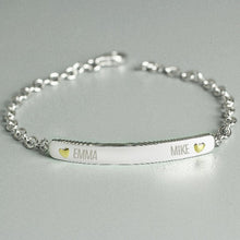 Load image into Gallery viewer, Personalised two-name sterling silver and 9ct gold bar bracelet gift for couples