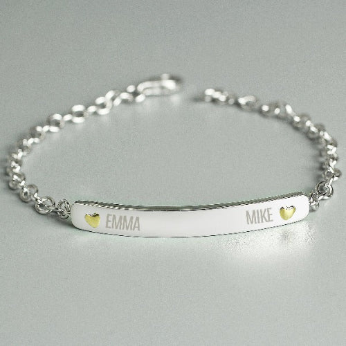 Personalised two-name sterling silver and 9ct gold bar bracelet gift for couples