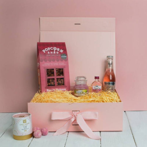  Luxury birthday gift set with pink gin, chocolates, and scented candle