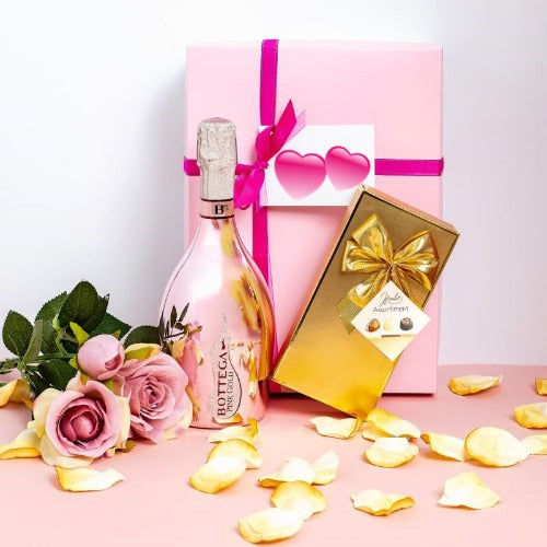 Pink Prosecco and Belgian chocolate gift hamper for her birthday