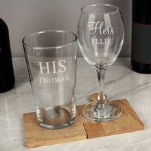 Load image into Gallery viewer, personalised his and her gifts-personalised wine glass-square wine glasses-large red wine glasses-stemless wine glasses-personalised his &amp; her pint and wine glass set up