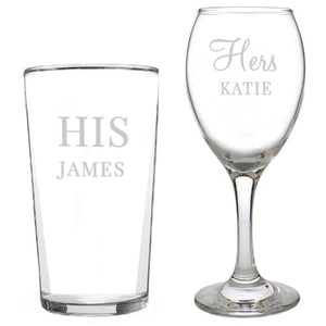 personalised his and her gifts-personalised wine glass-square wine glasses-large red wine glasses-stemless wine glasses-personalised his & her pint and wine glass set up