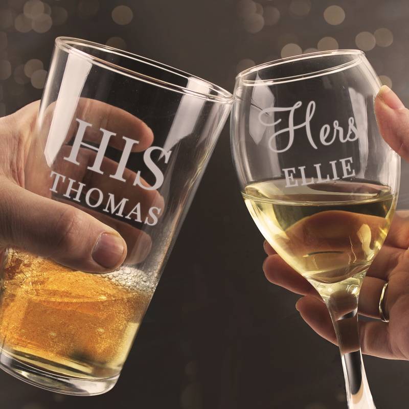 personalised his and her gifts-personalised wine glass-square wine glasses-large red wine glasses-stemless wine glasses-personalised his & her pint and wine glass set up-super gift online