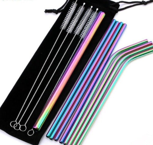 reusable-stainless-steel-straws-straw-metal-drinking-set-ans-brush-14-pcs-metal-reusable-304-stainless-steel-straws-straight-bent-drinking-straw-with-case-cleaning-brush-set-rainbow-colored-straws-party-bar-accessory